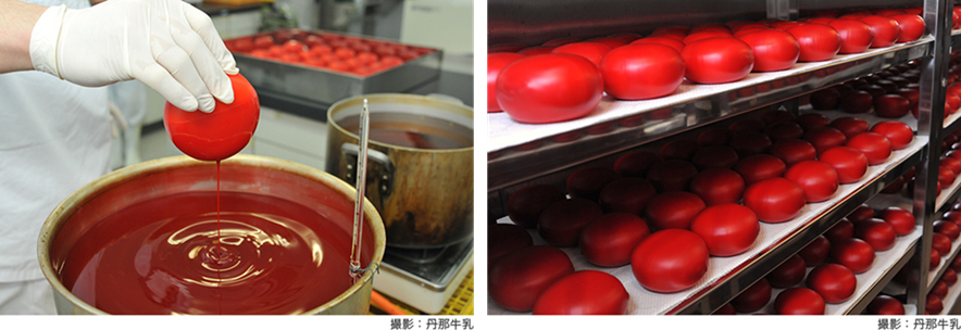 写真3. ゴーダチーズのワックスコーティングと熟成庫 (撮影先:丹那牛乳) 1.