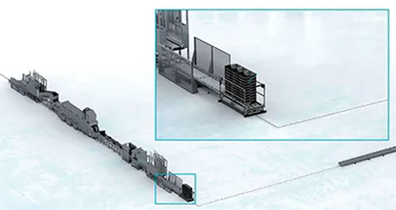 図:コンテナ洗浄脱水ラインとAGVを組合わせた自動化ライン。囲み内が移載コンベヤ